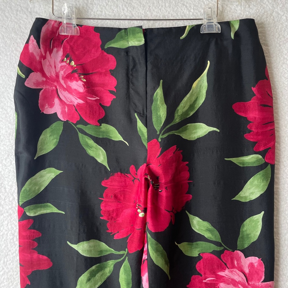 Savvy By Rafael Women 12 Black Pink Floral 100% Silk Straight Leg Pant High-Rise